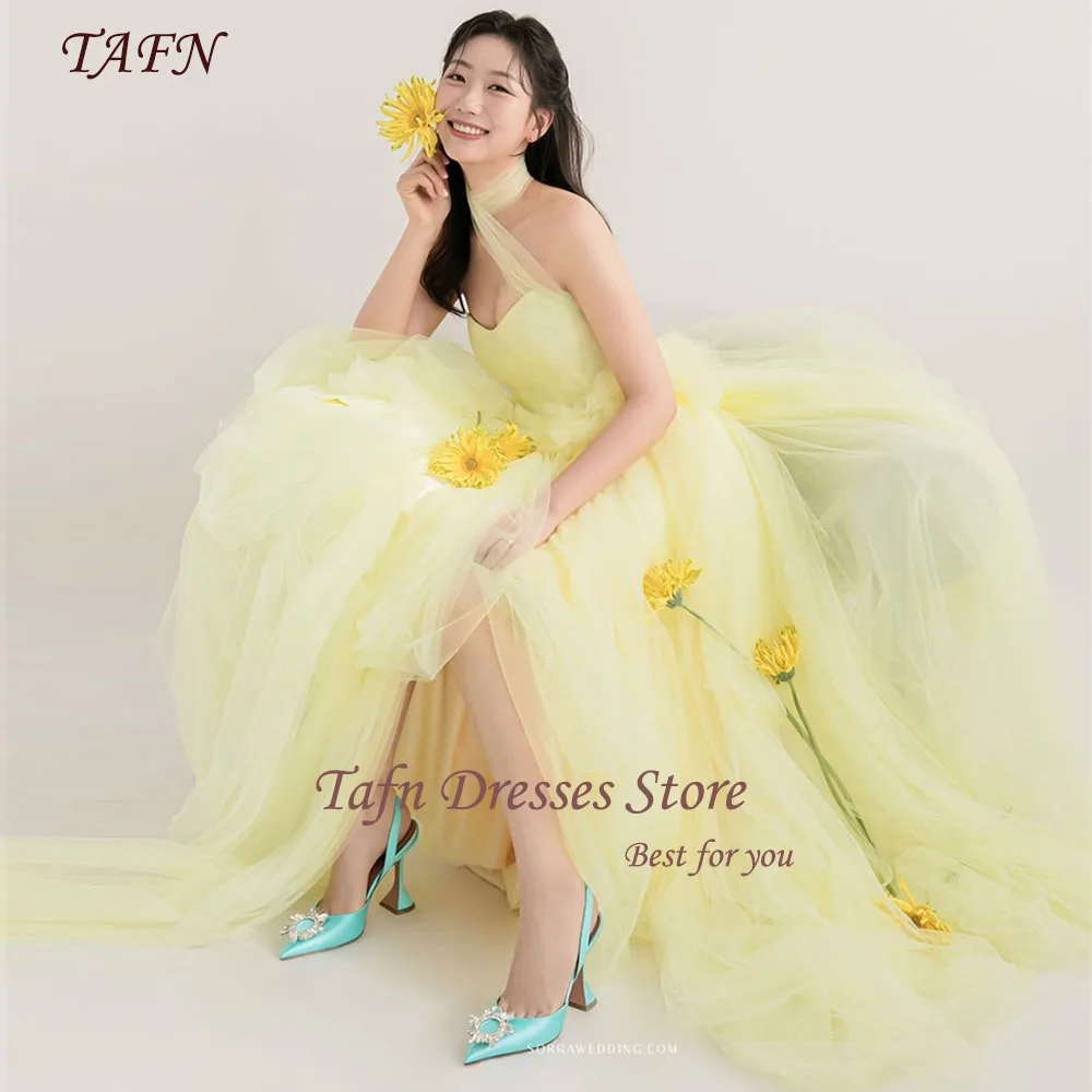 TAFN Faint Yellow Tulle Photo Shoot Dresses A-line Sweep Train Korea Wedding Dresses Custom Made Sleeveless Birdal Gown