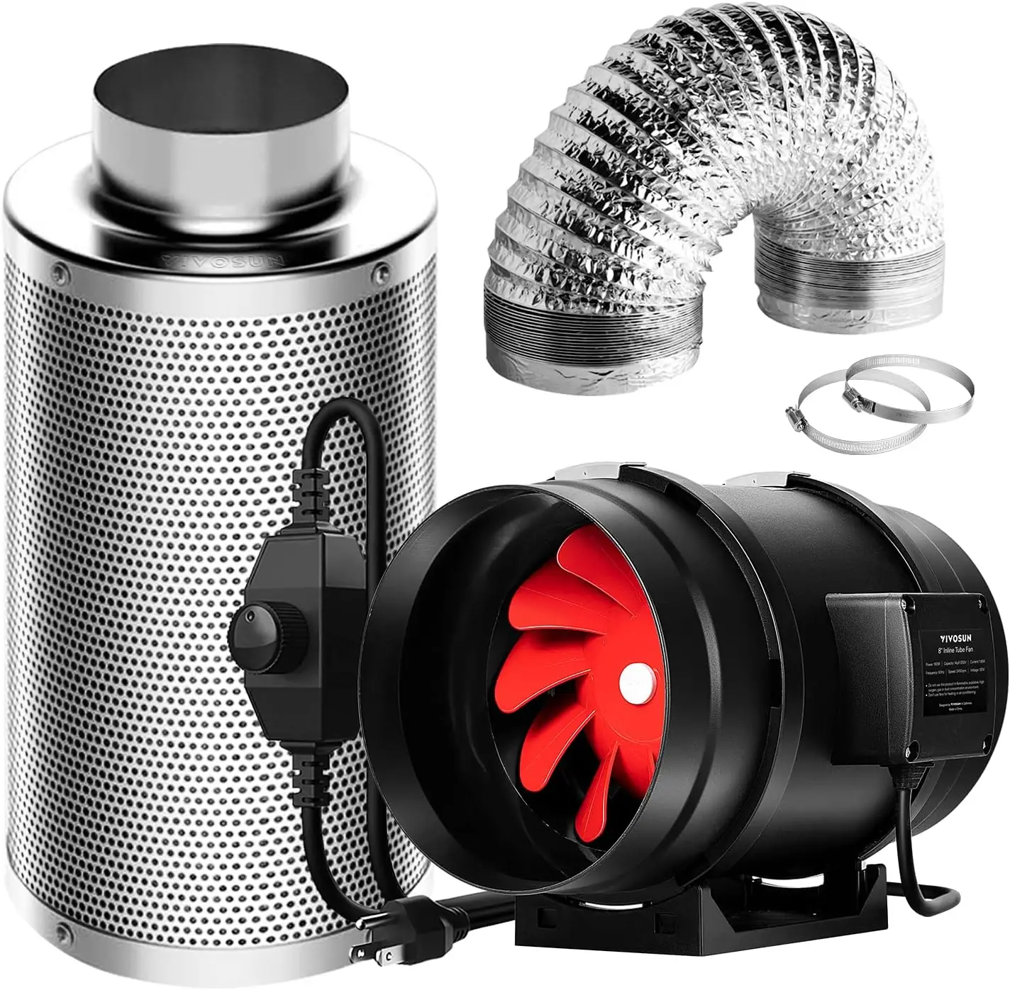 Grow Tent Ventilation System 8 Inch Inline Duct Fan with Speed Controller, 8'' Carbon Filter and 25ft. Ducting Combo Air Cooling