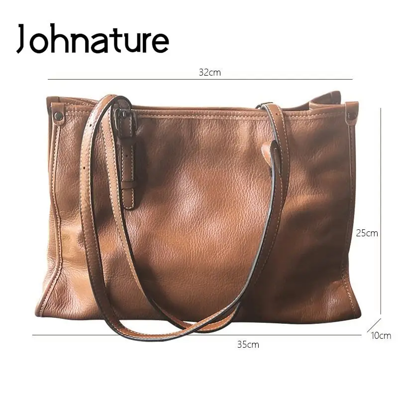 Johnature Genuine Leather Tote Bag Women Autumn Winter 2024 New Fashion Large Capacity Commuter Real Cowhide Shoulder Bags