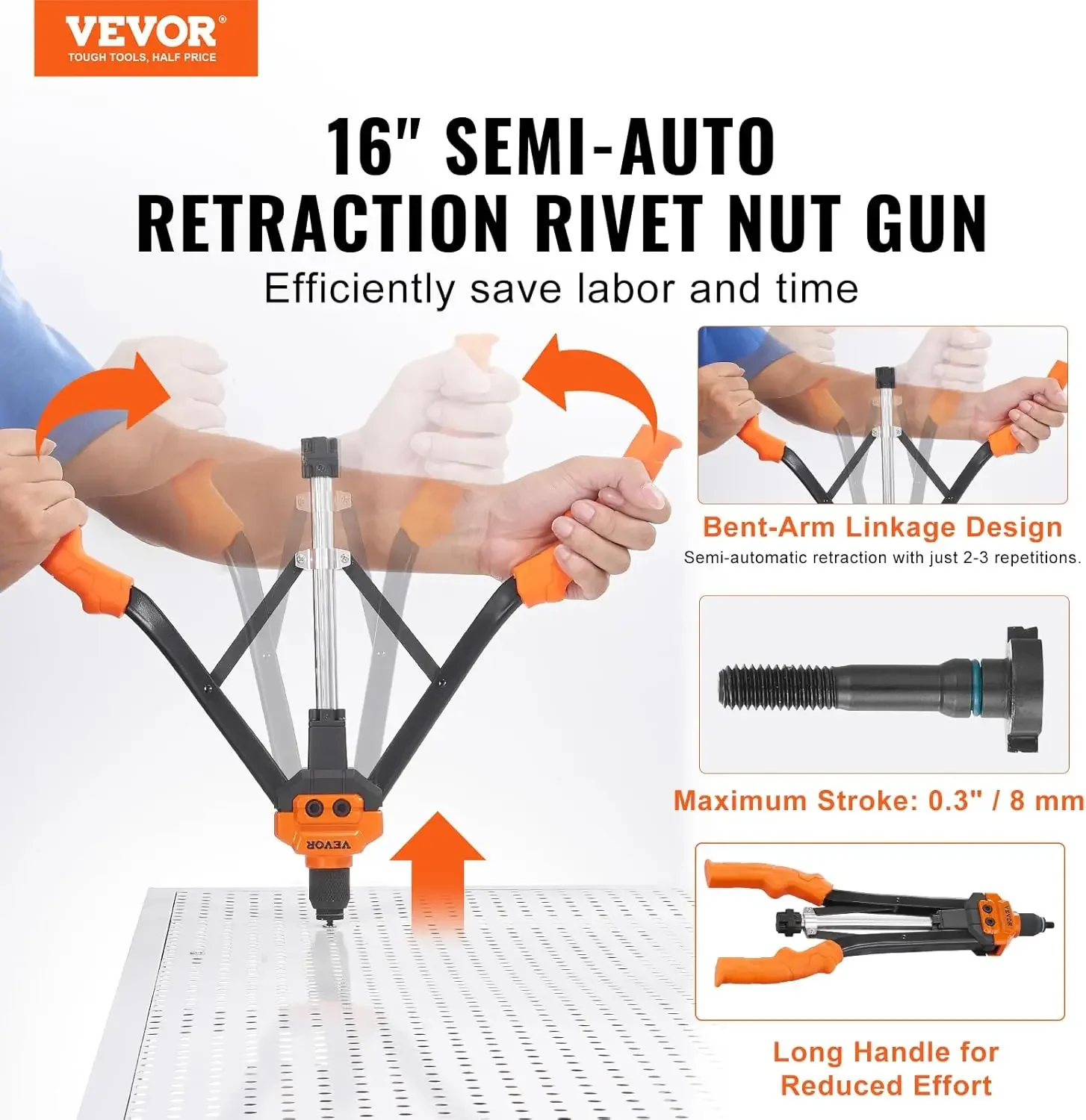 Rivet Nut Tool,16 inch Rivnut Tool Kit with 13PCS Metric and SAE Mandrels,186PCS Rivet Nuts,Semi-auto Retraction,M3,M4,M5,M6,M8