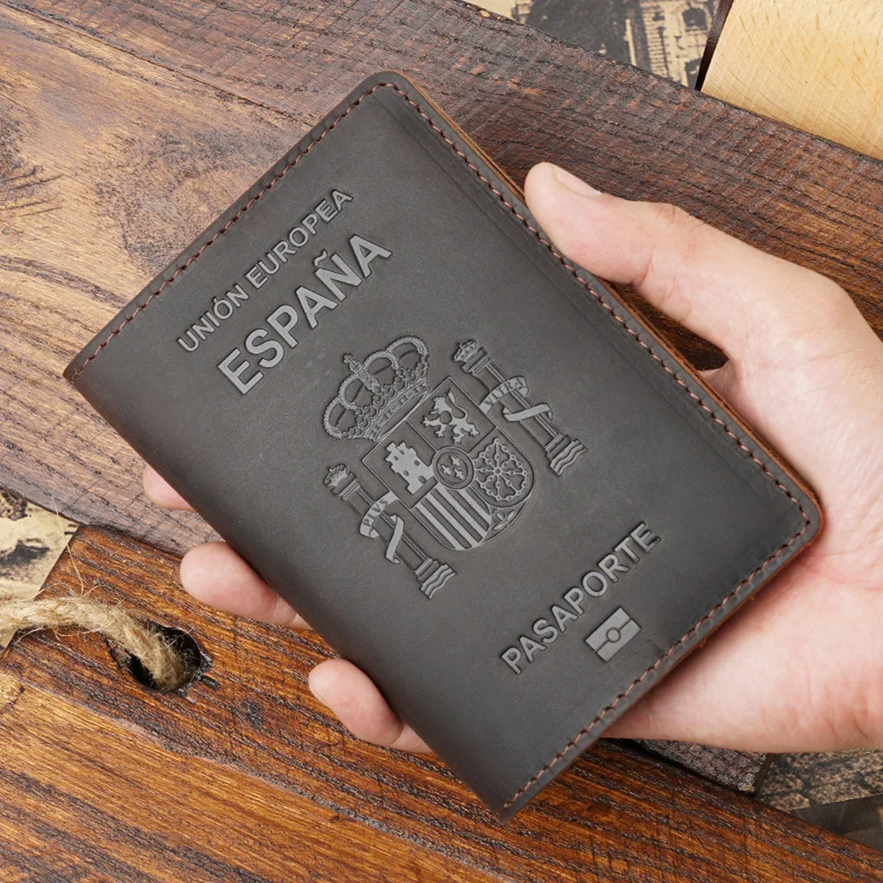 Funda de pasaporte de cuero genuino para hombre y mujer, tarjetero de alta gama de España, Vintage, billetera de viaje