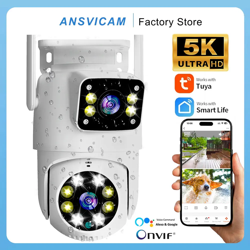 

Уличная Wi-Fi PTZ-камера ANSVICAM 5K 10MP Tuya с двумя объективами Full HD, IP-камера видеонаблюдения с ИИ-отслеживанием человека и автоматической защитой