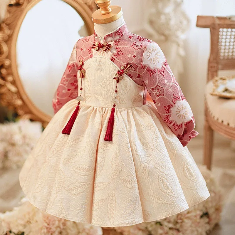 Girls' New Tang Suit for Birthday Celebration and New Year, Stylish Color Block Button Embroidered Princess Dress