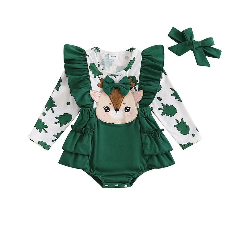 Baby Girl 2Pcs Christmas Outfits Long Sleeve Cartoon Embroidery Bodysuit with Headband Set Infant Clothes