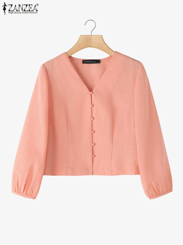 ZANZEA Autumn Women Shirts Casual V-Neck Blouse 2025 Fashion 3/4 Lantern Sleeve Tops Vintage Loose Buttons Solid Color Blusas