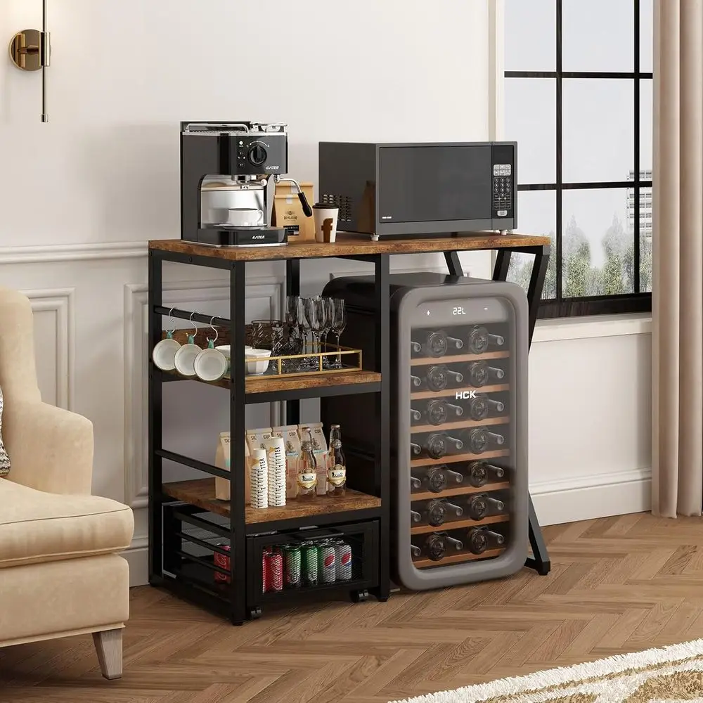 Multi-functional Kitchen Storage System with Rolling Basket, Coffee Bar, Mini Fridge, and Microwave Stand