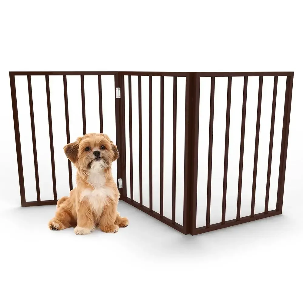 Foldable Wooden Pet Gate Stairs and Doorways Retractable Barrier Small Pets Freestanding Design Compact and Lightweight Brown