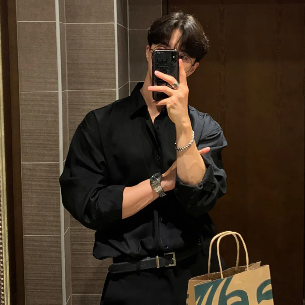 Mens Solid Color Shirt Long Sleeve Casual Business Style Premium Drape Fabric Loose Fit Lightweight Breathable Daily Shirt