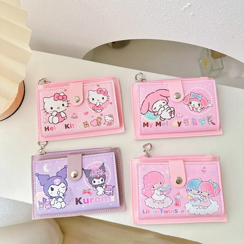 Cartoon Cute Sanrio Hello Kitty Kuromi Multifunctional Card Holder Coin Purse Kawaii Cinnamoroll Student Wallet Gift