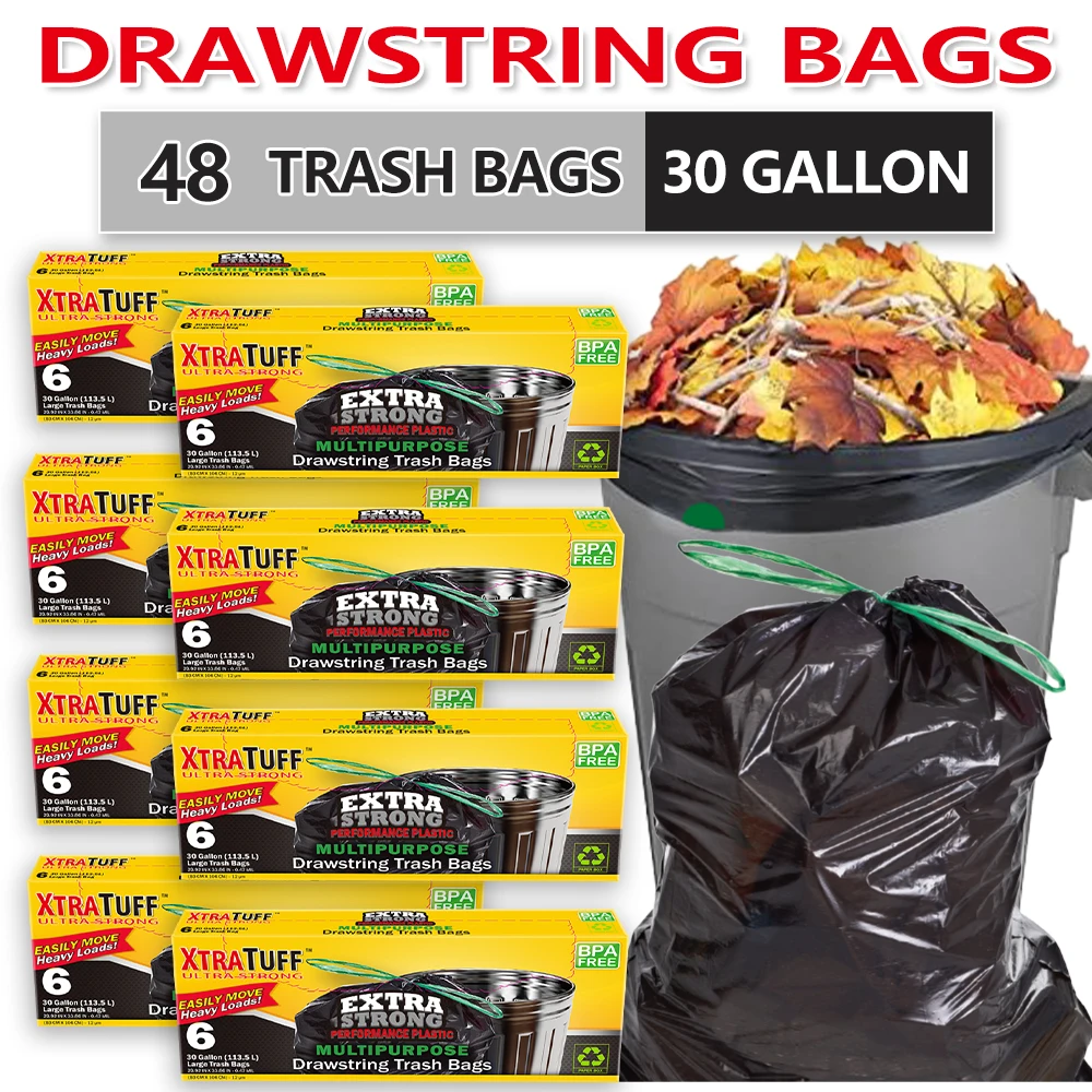 

Xtratuff Large Kitchen Drawstring Trash Bags 30 Gallon Black Trash Bag Unscented 48 Count BPA FREE Garbage Bags Strong Rubbish