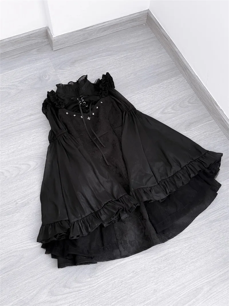 Autumn Japanese Lolita Style Short-sleeved Inner Wear Shirt Long Flared Sleeves Black And White Suspender Dress Women's Clothes