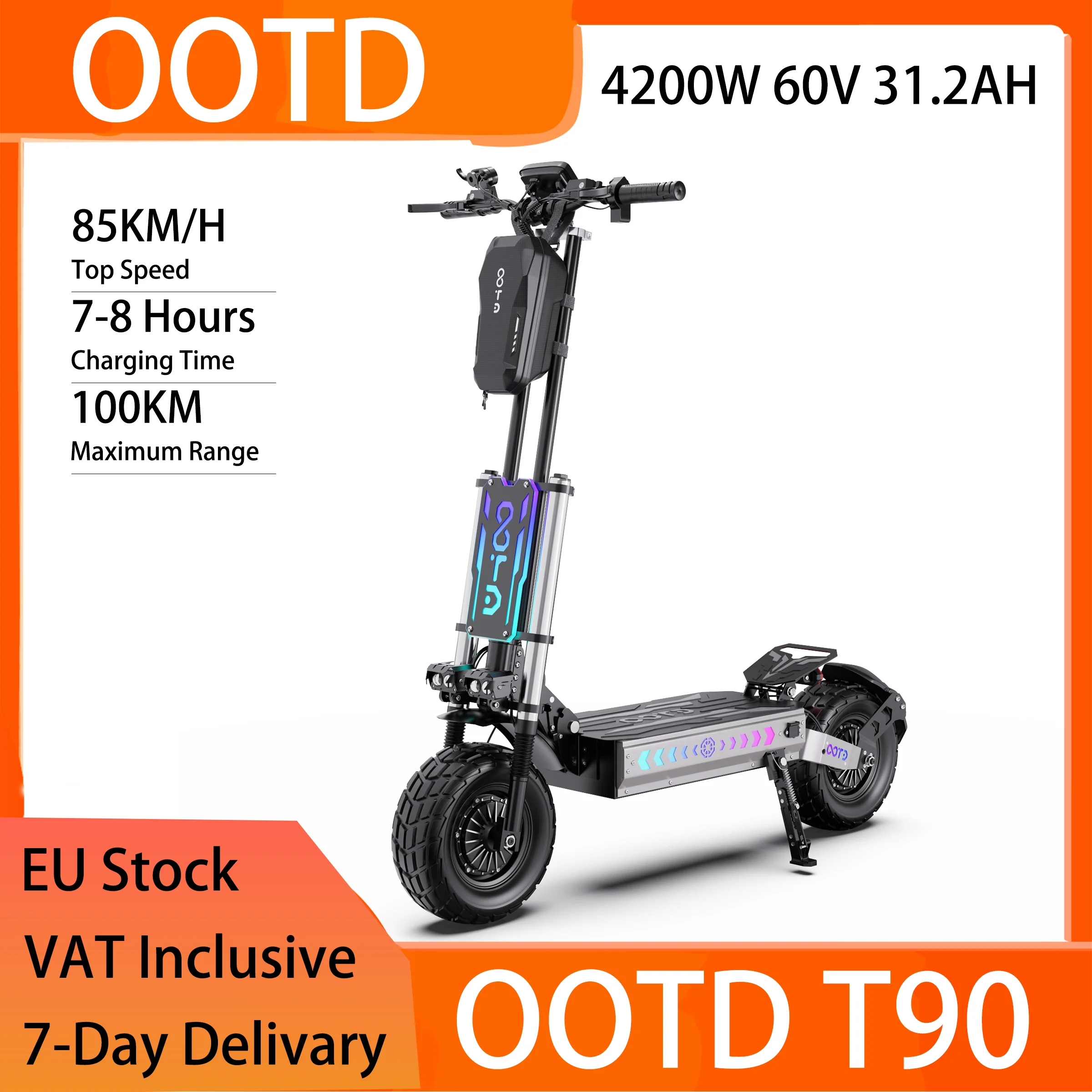 Scooter elettrico per adulti OOTD T90 - 2 motori doppi da 2100 W (totale 4200 W), pneumatici da 60 V 31,2 Ah, 13, freni a disco, pieghevole