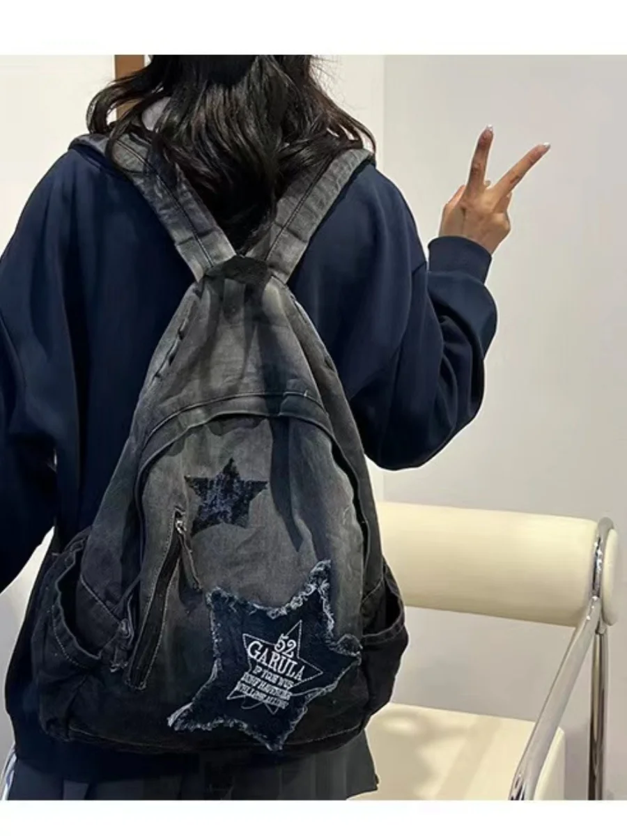 Millennial Gradient Denim Large Capacity Backpack for Women Student Bookbag Dual Shoulder Bag Soft Material Commuter Style Wa...