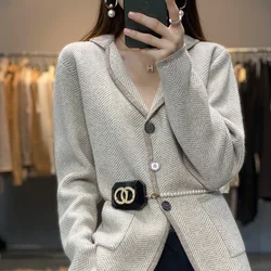 Autumn Winter Women Pure Cashmere Wool Suit Coat Sweater Casual Knitted Tailored Collar Cardigan Thickening Outwear Soft Jacket