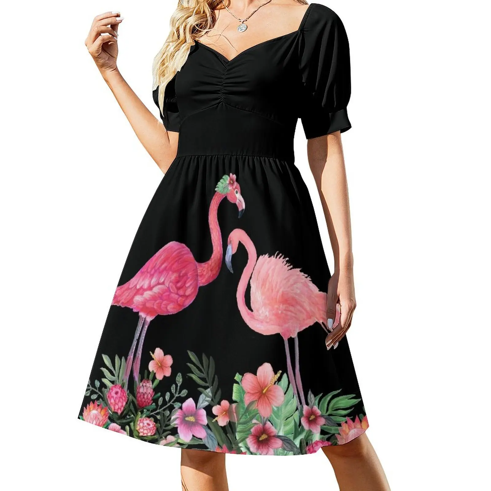 

Flamingo with Tropical Flowers by Magenta Rose Designs Short Sleeved Dress women dress Dress