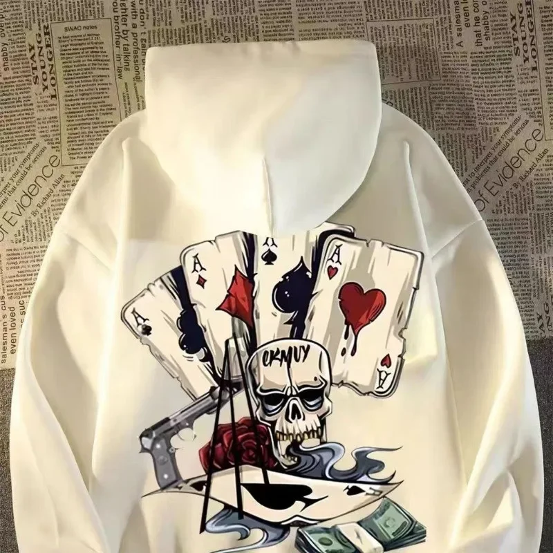 

Autumn Men Pullover Hoodie Oversized Sweatshirt Fashion Loose Skeleton Poker Print Long Sleeve Couple Clothes Y2K Streetwear