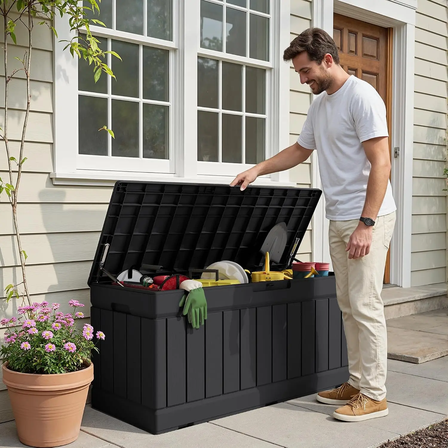 Waterproof Resin Outdoor Storage Deck Box, Lockable Patio Toy Storage Bench, Weatherproof Garden Yard Pool Accessories Cushion Organizer, Rattan Pattern Container, Black, 78 Gallon view 7