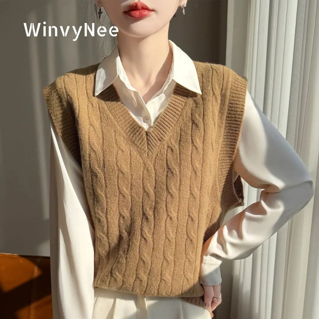 

Женский жилет WinvyNee из 100% чистой шерсти, элегантный, универсальный, с V-образным вырезом, крупной вязки косичка, повседневный, мягкий, теплый, однотонный, для носки на каждый день, весенняя верхняя одежда C1673012