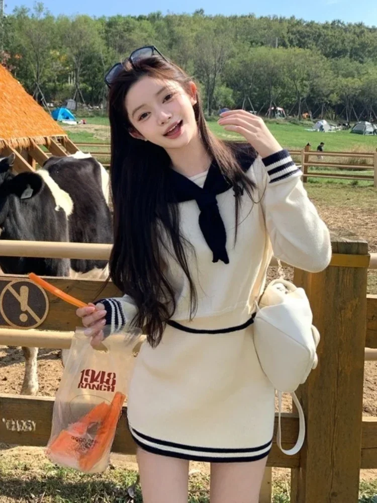 

Осень-зима Повседневный свитер Y2k Костюмы Женский пуловер Y2k с длинным рукавом + мини-юбки Корейская мода Винтаж Трикотажные комплекты из 2 предметов