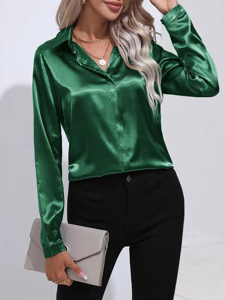 Loose Shirts For Women 2023 Spring Summer Satin Shirt Women V Neck Long Sleeve Office Shirt Blouses Ladies Black White Silk