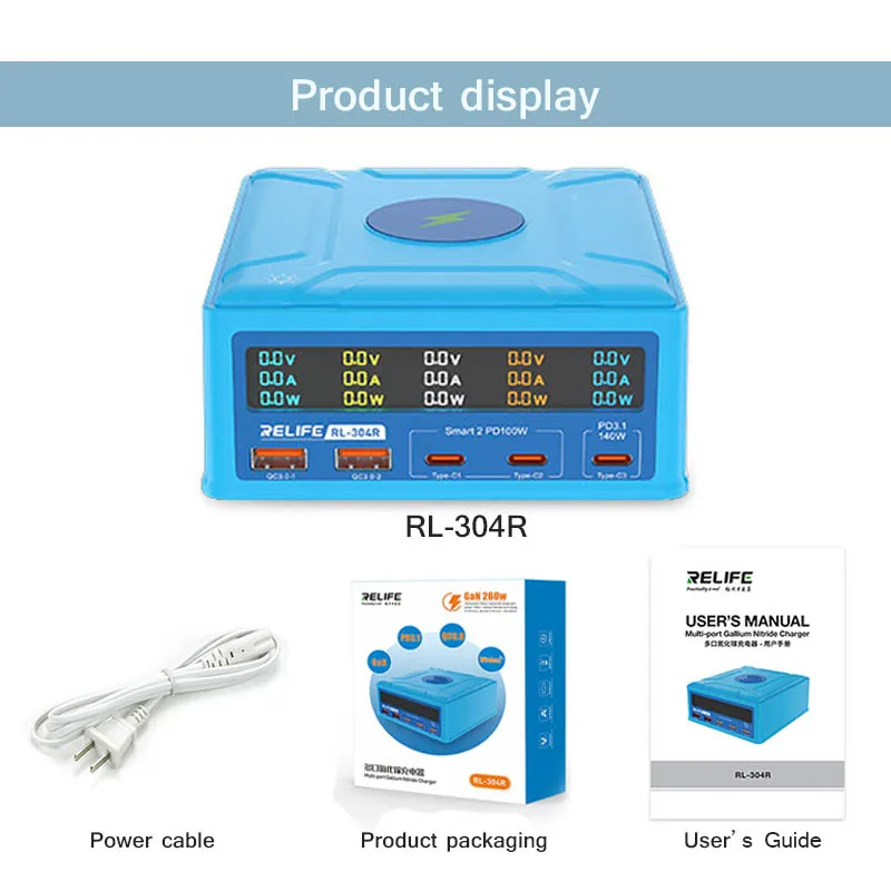 RELIFE-Ferramenta de Carregamento Rápido Eficiente Multidispositivo, RL-304R, 5 + 1, 260W, Alta Potência, GaN Carregador para Pad de Telefone, Computador, Inteligente