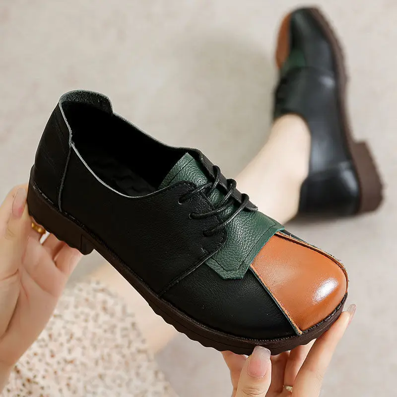 

Genuine Leather Ballet Flats Women's Laced Up Oxords Shoes Ladies Vintage Low Heel Brogues Shoes Luxury Brand Women's Loafers