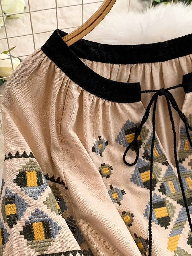 女性エスニックドレスレトロボヘミアン刺繍花柄刺繍Oネックランタンスリーブ秋包帯ミッドレングスVestidos DS240