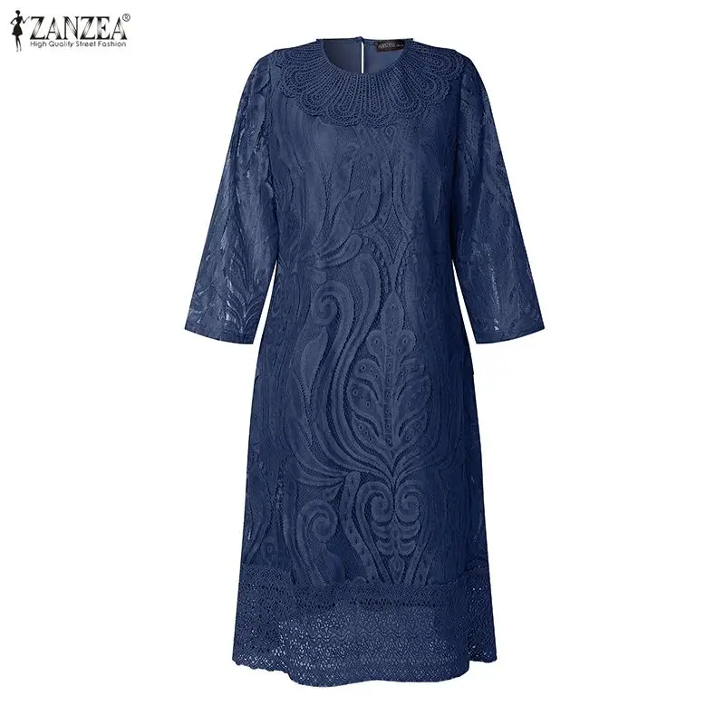 2026 ZANZEA Damen 3/4-Ärmel Spitzen-Patchwork Sommerkleid Frühling Sommer Elegantes Arbeitskleid Stilvolles A-Linien Partykleid Robe
