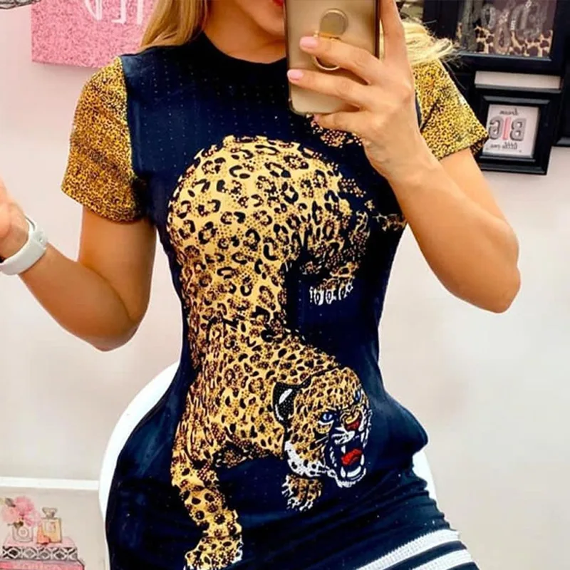 Tiger Muster Bodycon Mini kleid Frauen Sommer Kurzarm enge Sport Freizeit kleid O-Ausschnitt sexy Scheide hohe Taille Kleid