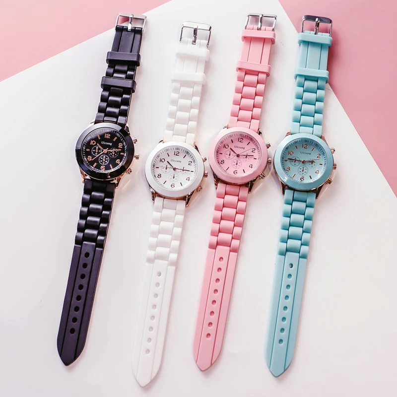 Popular Student Geneva Watch Cute Colors Simple Band Circular Dial Lady Quartz Watches Relaxing And Fashionable Sportswear Style