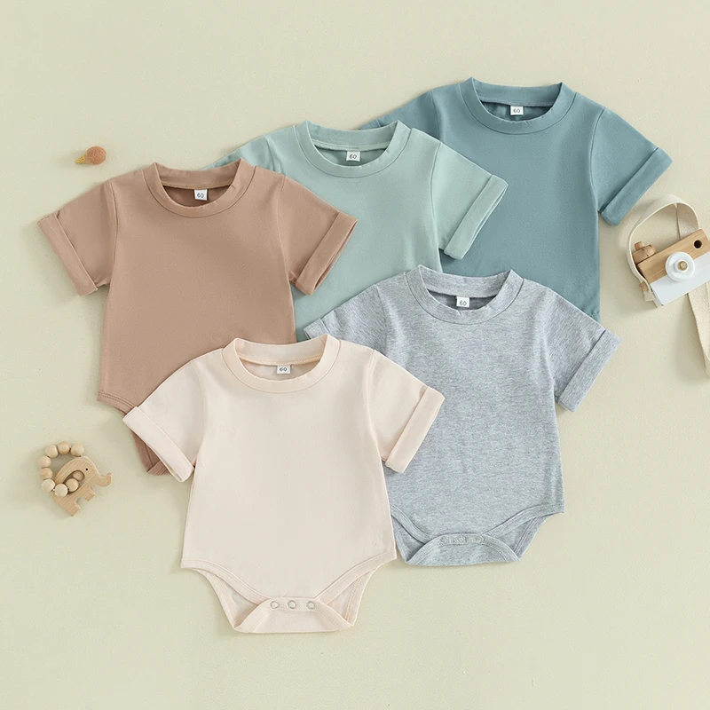 New Baby Girls Boys Rompers Summer Infant Short Sleeve Crewneck Solid Color Jumpsuits Newborn Rompers Cotton Baby Clothing