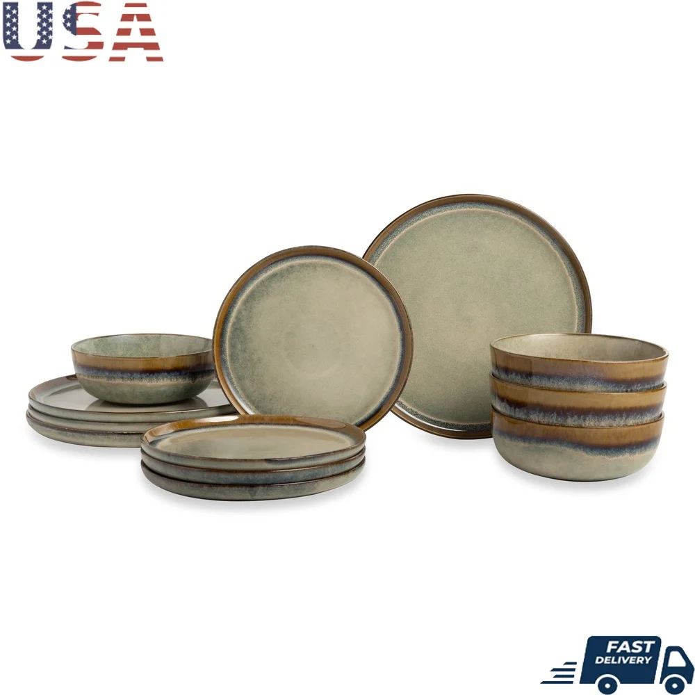 

12-Piece Ceramic Dinnerware Set Rustic Design Dishwasher Safe Dinner Plates Salad Bowls Service 4 High-Quality Stoneware