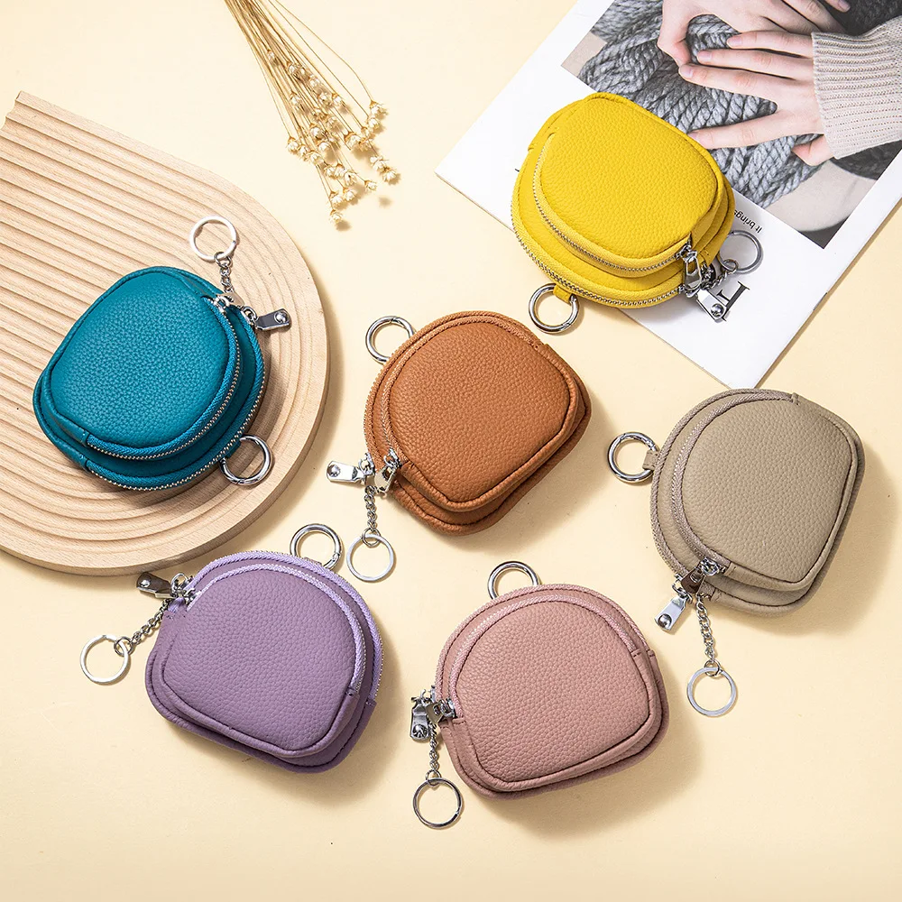

Leather Cute Ladies Keychain Coin Purse Large Capacity Fashionable Multifunction Double Zipper Earphone Storage Bag