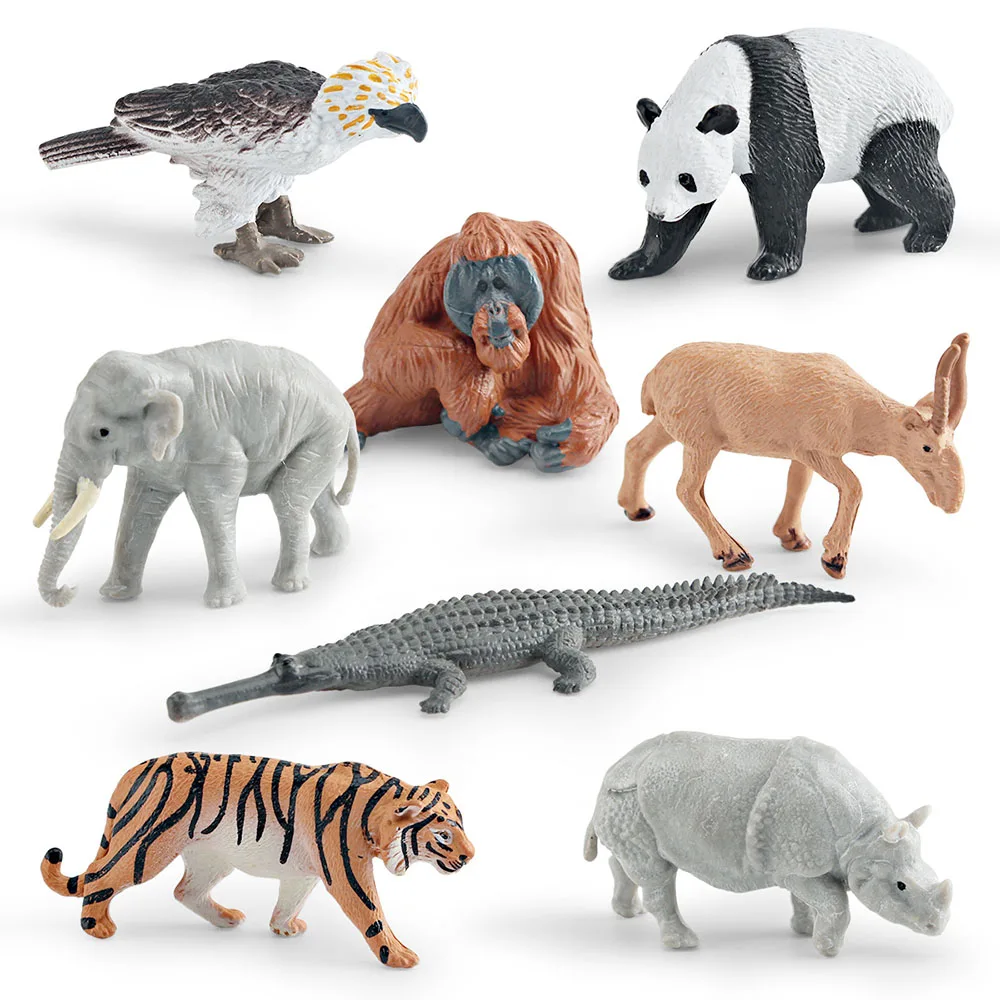 8Pcs Mini Asian Animals Figures Panda Elephant Tiger Rhino Crocodile Orangutan PVC Figurine Educational Toy For Children