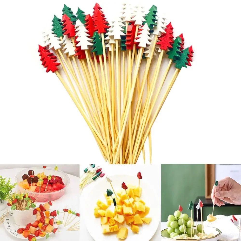 50/100 pçs bambu festa de natal bolo sobremesa salada varas garfos garfo de frutas palito palitos de alimentos