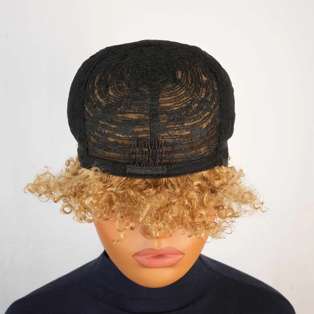 Kurze Pixie Afro verworrene lockige Perücke warme braune Bob-Perücke mit Pony brasilianische maschinell hergestellte Remy-Echthaar-Perücken Jerry Curly für Frauen