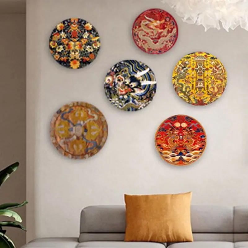 6-8inch Chinese Style Ceramic Plate with Dragon Phoenix Auspicious Patterns Wall Decoration Living Room Decor Artistic Tableware