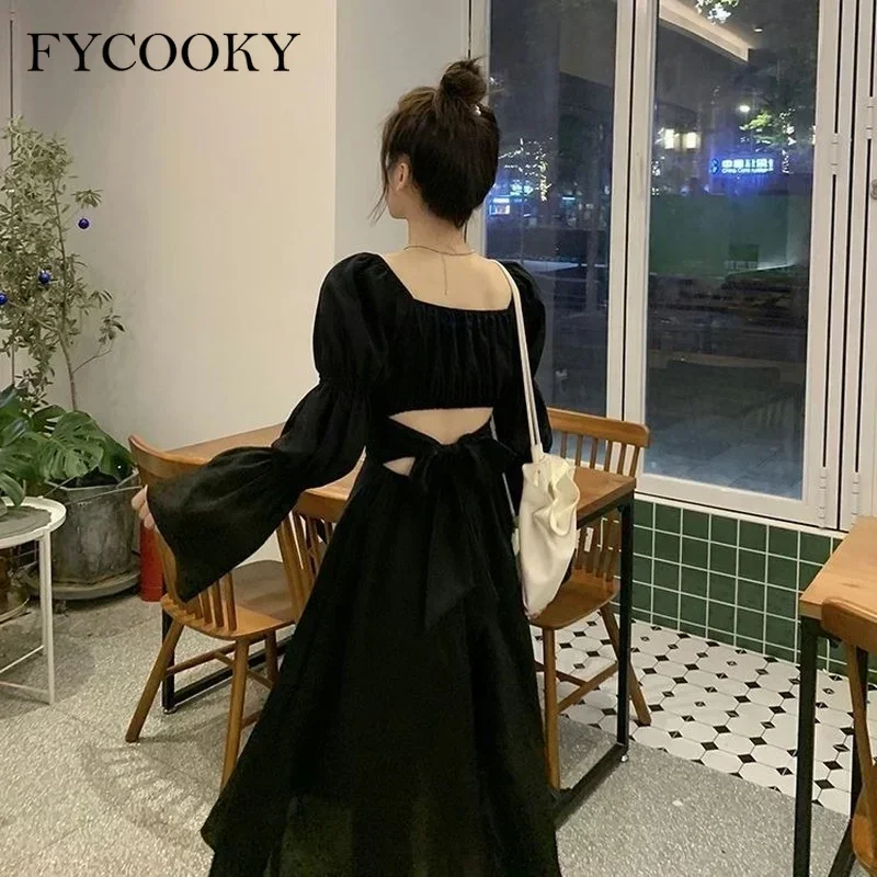 스위트 백 퍼프 슬리브 드레스 여성 가을 ​​2025 새로운 핑크 붕대 드레스 패션 우아한 쉬폰 롱 드레스 여성