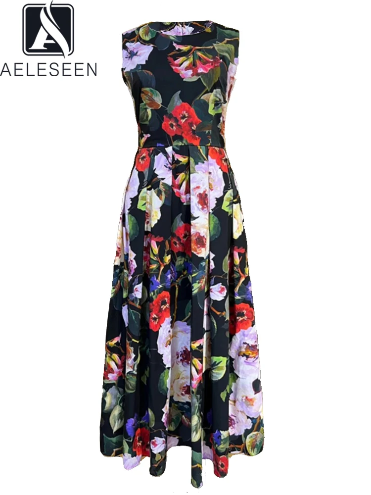 

AELESEEN Spring Summer 100% Cotton Dress Women Sleeveless Sicilian Flower Print Elegant High Quality Long Poplin Party holiday