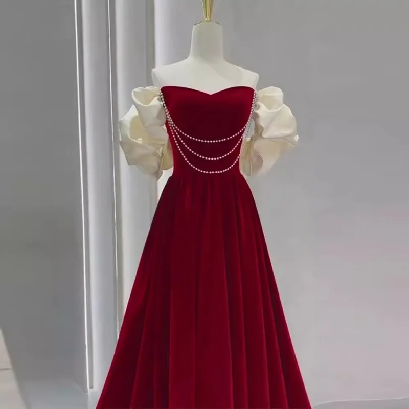 Customized French Style Wine Red Velvet Celebrity Dress Elegant Gentle Strapless Wedding Engagement Dresses Off Shoulder Vestido