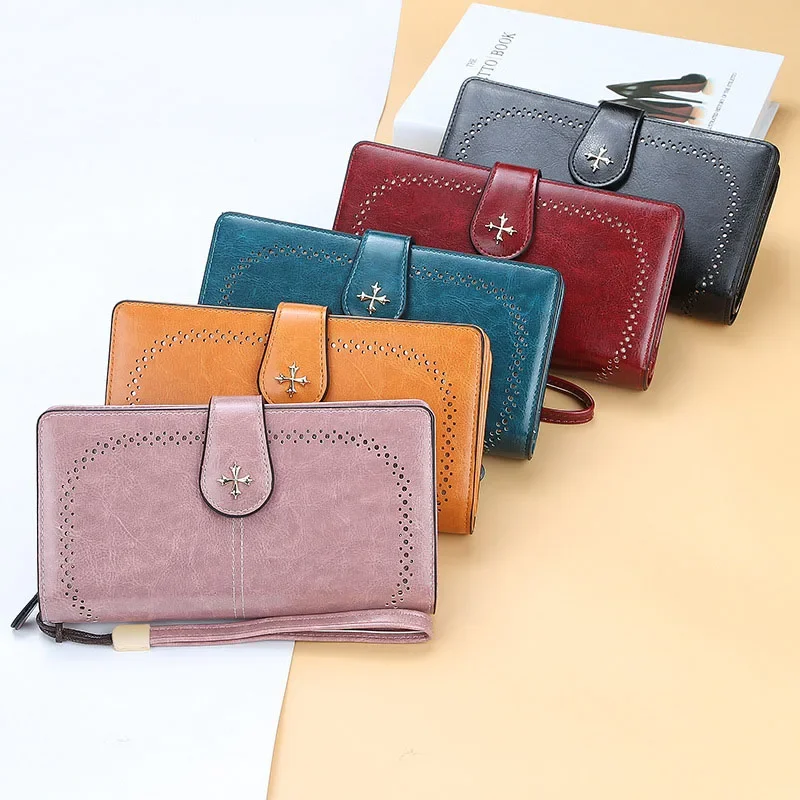 Retro PU Leather Long Wallet Fashion Zipper Purse Simple Long Creative Multi-card Mobile Phone Clutch Bag Coin Handbag Carteras