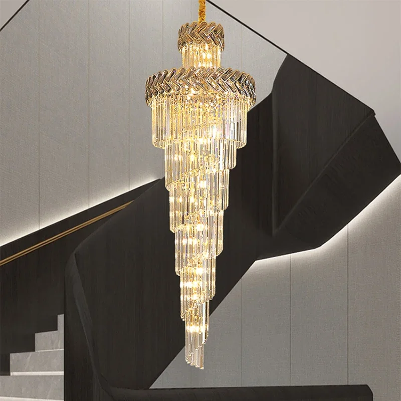 Luxury modern chandelier lighting for staircase large long smoky gray crystal lamps hallway lobby gold indoor lighting