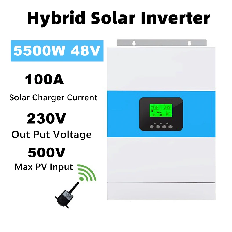 

5.5KW 48VDC to 230VAC Solar Hybrid Inverter Pure Sine Wave 100A MPPT Solar Charge Controller with WIFI Can Work Without Battery