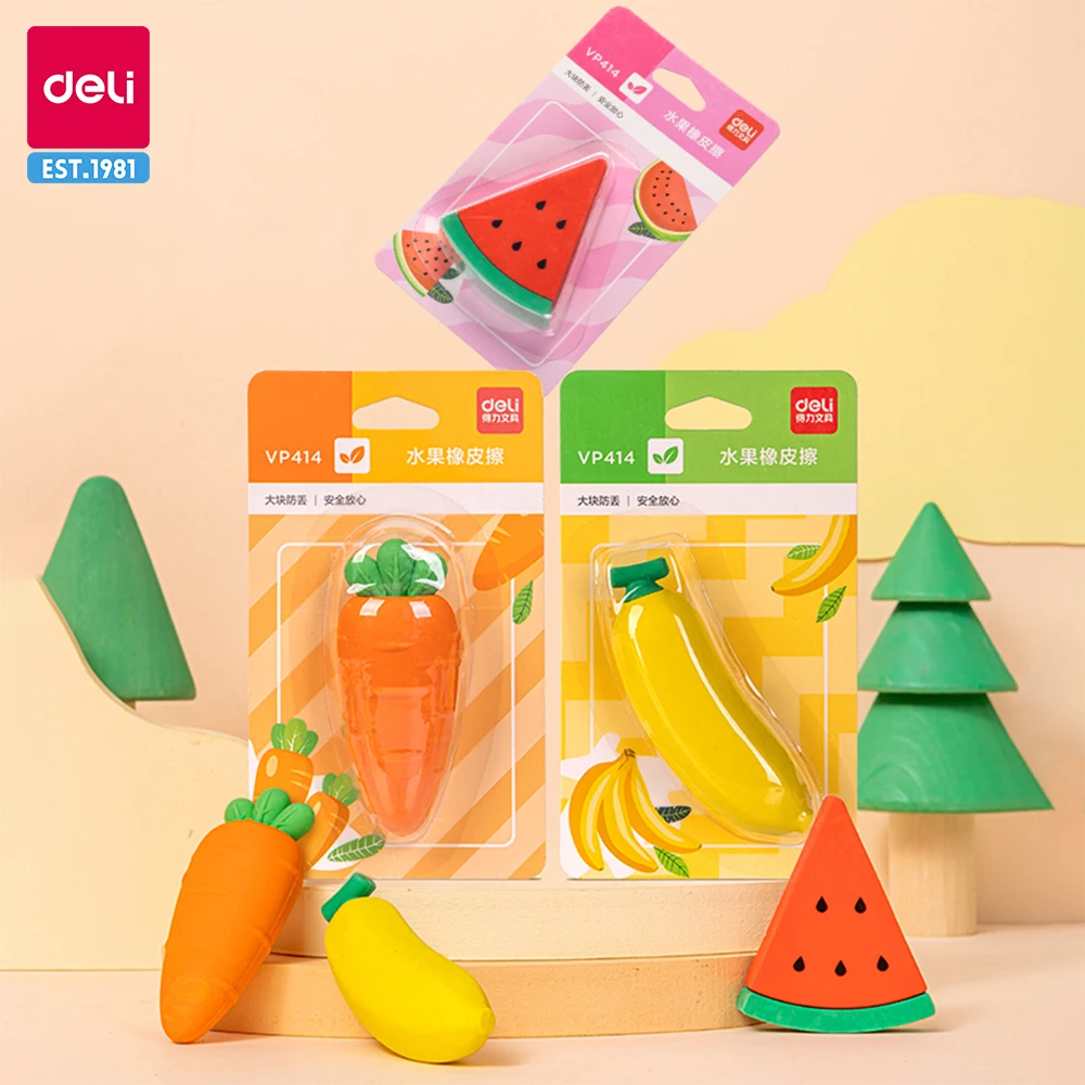 Deli Kawaii Fruit Carrot Strawberry Banana Eraser Anti-Loss Rubber Eraser Prizes Promotional Gift Stationery Erasers for Kids