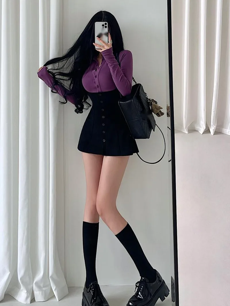 WOMENGAGA Sexy Polo Collar Single Breasted Long Sleeve T-shirt Hanging Neck Wrap Hip Dress Short Skirt Set Fashion Women P7QH