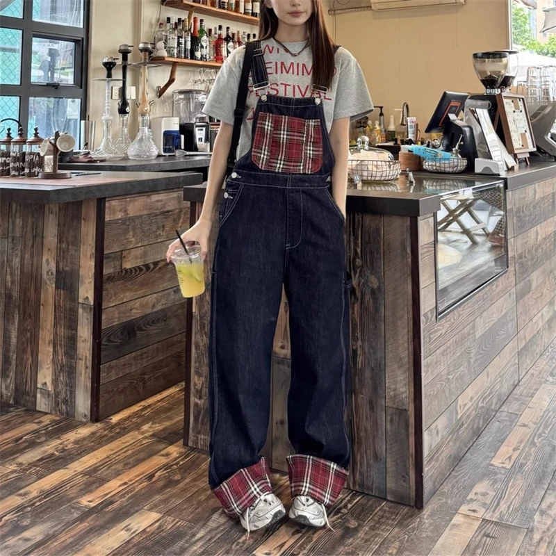 

Women's Red Checkered Pocket Design Denim Overalls Rompers Girl Suspender Jumpsuits Pant Female Jeans Streetwear Trousers