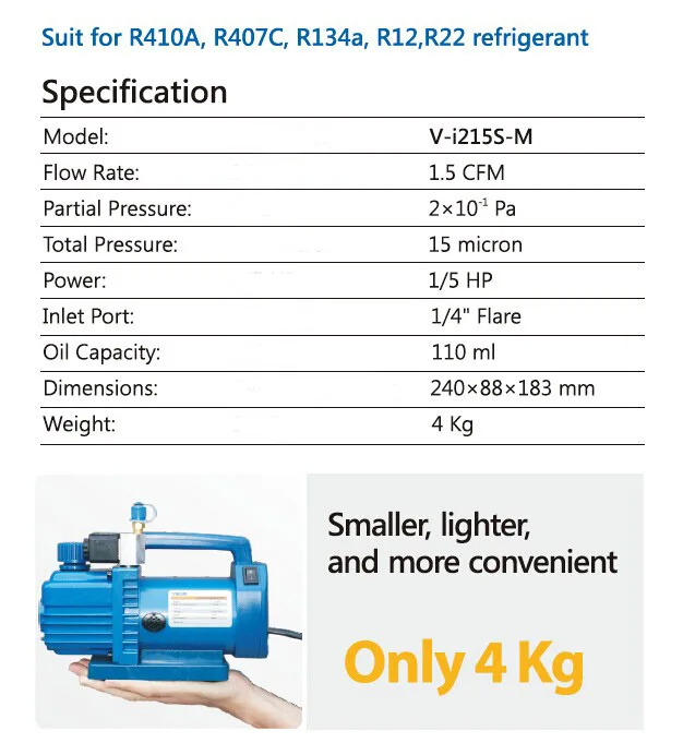 Bomba de vacío de paletas rotativas de una sola etapa 1.5CFM 1/5HP HVAC aire AC A/C R410A R134A R22 R407C R12