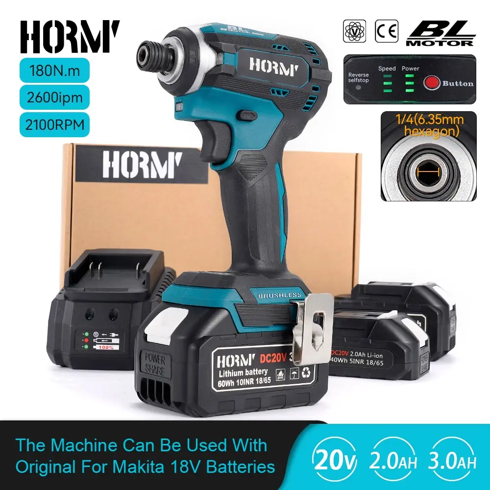 Hormy Brushless 1/4in Electric Screwdriver Cordless LED Light Impact Driver Drill For Makita 18V Single Battery Powered Tool Kit