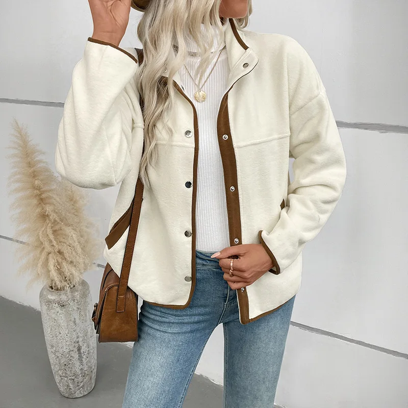 

Women's Fleece Collar Short Cardigan Autumn Winter New Style European And American Color Block Plush Liner Casual Outerwear