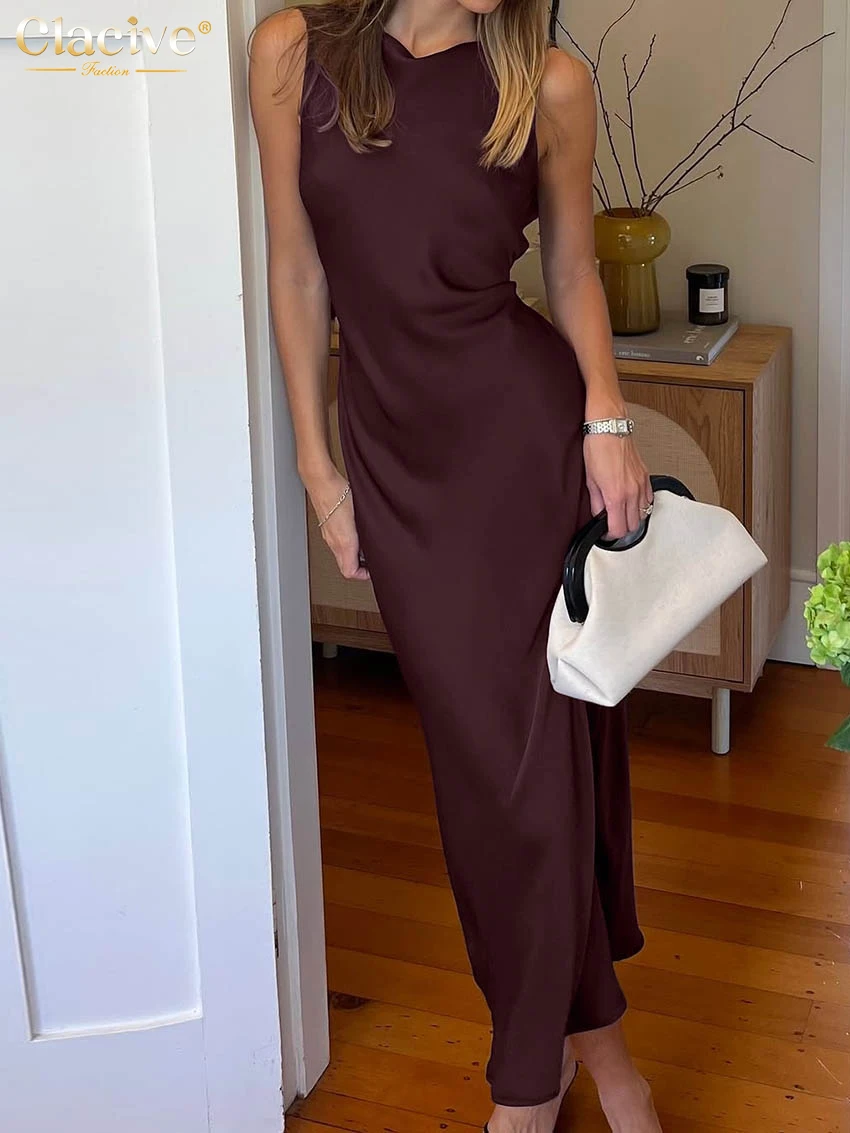 

Clacive Summer Loose Wine Red Women's Dress 2026 Sexy O-Neck Sleeveless Ankle Length Dresses Elegant Classic Solid Female Dress